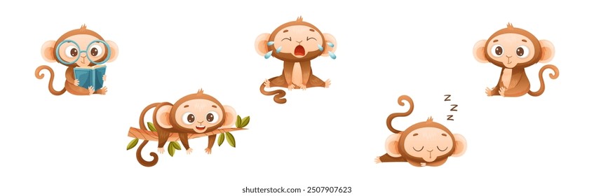 Funny Brown Monkey with Prehensile Tail Enjoying Different Activity Vector Set