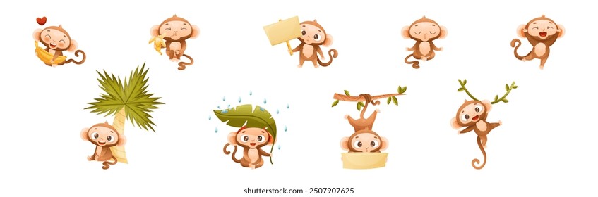 Funny Brown Monkey with Prehensile Tail Enjoying Different Activity Vector Set