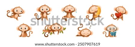 Funny Brown Monkey with Prehensile Tail Enjoying Different Activity Vector Set
