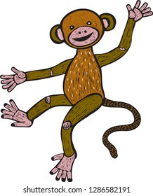 Funny brown Monkey vintage toy vector lino cut drawing 