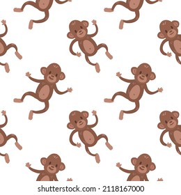 Monos marrones graciosos con un fondo blanco. Simple vector infantil patrón sin fisuras.