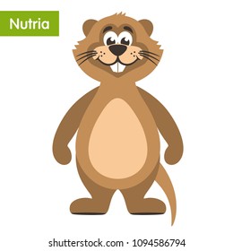 Funny brown nutria. Cartoon character in a white background. Flat style. Vector illustration.