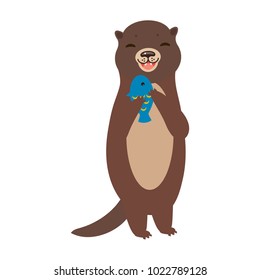 Funny brown otter caught a fish, on white background. Kawaii. Vector