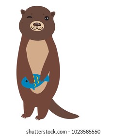 Funny brown otter caught a fish, on white background. Kawaii. Vector