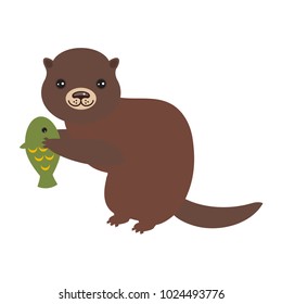 Funny brown otter caught a fish, on white background. Kawaii. Vector
