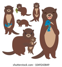 Funny brown otter collection on white background. Kawaii. Vector