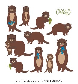 Funny brown otter collection on white background. Kawaii. Vector