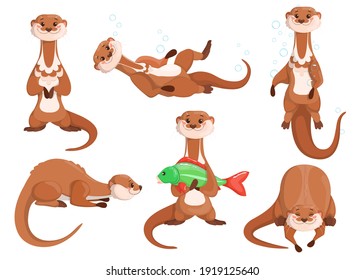 Funny brown otter set. Happy cute weasel fishing, hunting, diving under water in different poses. Vector illustrations for wild animal, wildlife, wilderness concept