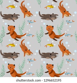  Funny brown otters with fish seamless pattern.