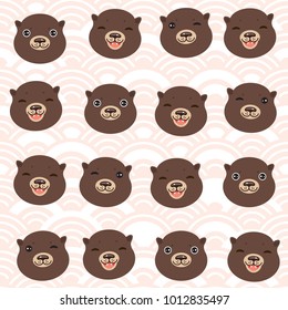 Funny brown otters on pink waves. Seamless pattern, white background. Kawaii. Vector