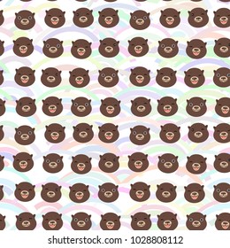 Funny brown otters on pink sky blue orange waves. Seamless pattern, white background. Kawaii. Vector