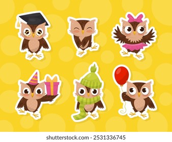 Funny Brown Owl Character with Feather Vector Sticker Set