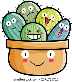 Funny brown pot smiling and cactus characters in it
