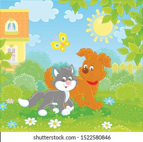 Funny brown pup walking with a black and white kitten on a green lawn by a house on a sunny summer day, vector illustration in a cartoon style