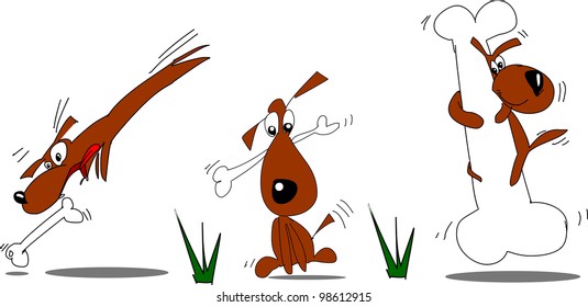 Funny brown puppy catches a bone. A cartoon dog.