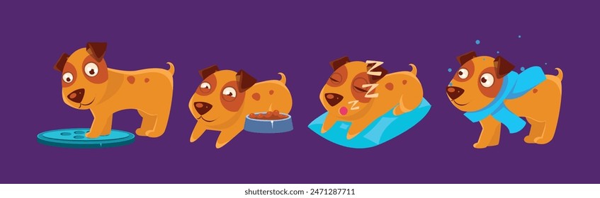 Funny Brown Puppy Dog in Different Activity Vector Set
