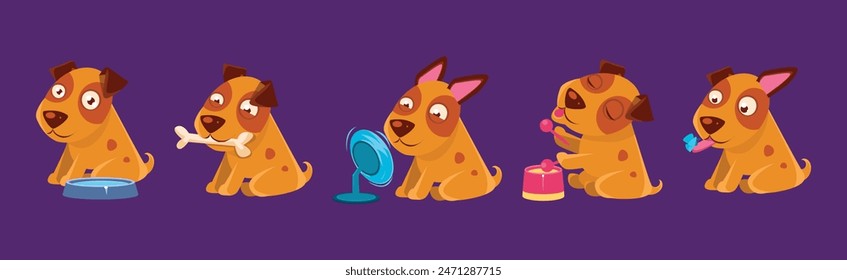 Funny Brown Puppy Dog in Different Activity Vector Set