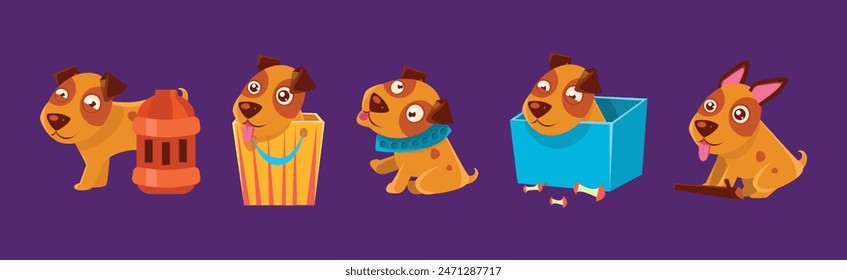 Funny Brown Puppy Dog in Different Activity Vector Set