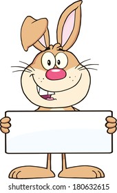 Funny Brown Rabbit Cartoon Character Holding A Banner. Vector Illustration Isolated on white