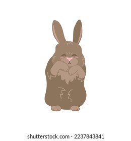 Funny brown rabbit standing in hind legs on white background. Cute bunny cartoon illustration. Farm animal concept