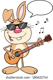 Funny Brown Rabbit With Sunglasses Playing A Guitar And Singing. Vector Illustration Isolated on white