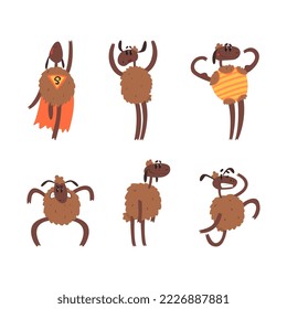 Funny Brown Sheep Character as Hoofed Animal Engaged in Different Activity Vector Set