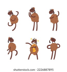 Funny Brown Sheep Character as Hoofed Animal Engaged in Different Activity Vector Set