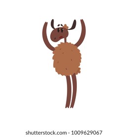 Funny brown sheep character standing on two legs with raised hands cartoon vector illustration