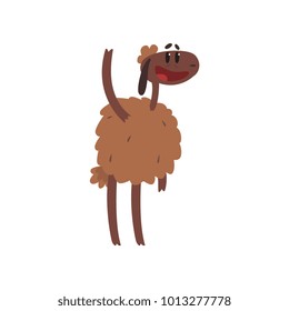 Funny brown sheep character standing with raised leg cartoon vector illustration