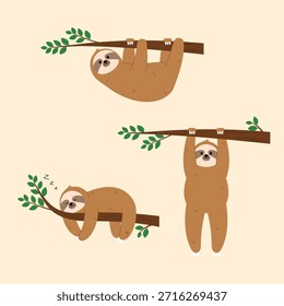 Divertida historieta de perezoso marrón durmiendo en la rama del árbol, perezoso feliz perezoso relajándose en el bosque, perezoso personaje perezoso que se cuelga en la ilustración de la rama del árbol
