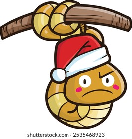 Funny brown snake cartoon character wearing santa's hat celebrating christmas