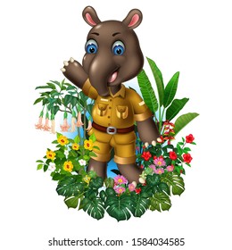 Funny Brown Tapir With Tropical Plants Cartoon Set for your design