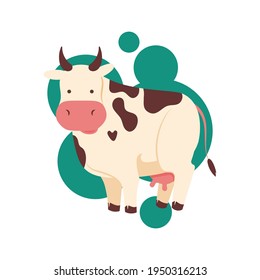 Funny brown and white spotted cute cow or bull character standing, cartoon vector illustration isolated on white background. Funny cow character drawing. Cartoon Farm Pets. Brightly colored children's