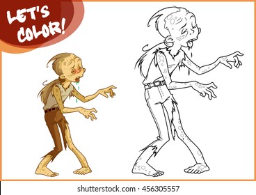 Funny brown zombie. Page for coloring book. Vector illustration isolated on a white background.