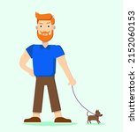 Funny brutal red-haired man on a walk with a small dog. Vector illustration, flat design