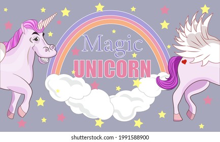 A Funny Brutal Unicorn. Smiling Horse Divided. Beautiful Animated Cartoon Picture. The Background. Vector. Illustration. Rainbow And Clouds.Stars