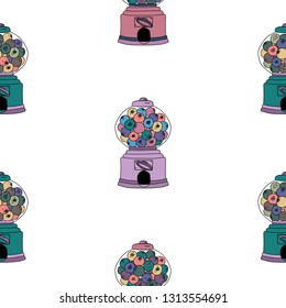 Funny Bubble Gum Machine seamless pattern. Vector hand drawn illustration  for card, poster, banner, print for t-shirt.  Surreal illustration 