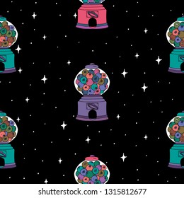 Funny Bubble Gum Machine seamless pattern. Vector hand drawn illustration  for card, poster, banner, print for t-shirt.  Surreal illustration 