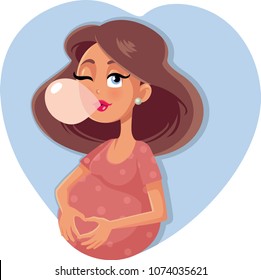 Funny Bubble Gum Pregnant Woman Vector Cartoon, Happy cute mother to be chewing bubblegum 
