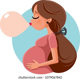 Funny Bubble Gum Pregnant Woman Vector Cartoon. Happy young mother to be chewing bubblegum 
