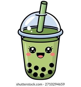 Ilustración vectorial aislada divertida del carácter de la taza de té de la leche de la burbuja en fondo azul