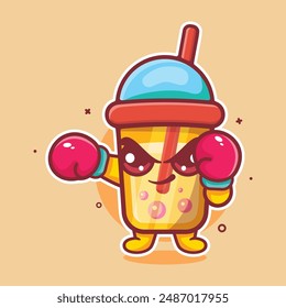 funny bubble tea drink character mascot playing boxing sport isolated cartoon