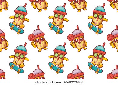 engraçado bolha chá beber personagem fazendo skate e basquete padrão sem emenda ilustração fundo 