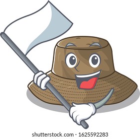 Funny bucket hat cartoon character style holding a standing flag