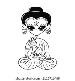 Funny Buddha alien sit in lotus yoga pose.Vector line art page for coloring book.Buddha,buddhist,alien,ufo,green cosmic creature character t-shirt,logo,sticker print concept