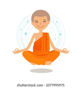 Funny buddhist monk sits in lotus position. Buddhism, yoga concept. Cartoon vector illustration