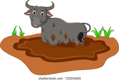 funny buffalo cartoon on mud with smile