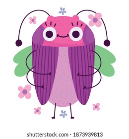 funny bug animal and flowers in cartoon style vector illustration