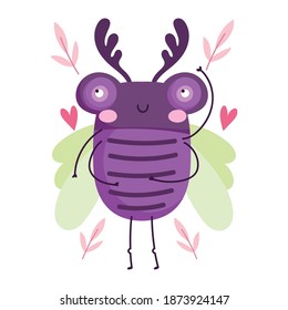 funny bug animal leaves hearts in cartoon style vector illustration