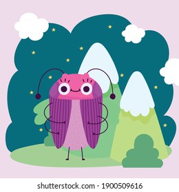 funny bug animal mountains bushes nature cartoon vector illustration